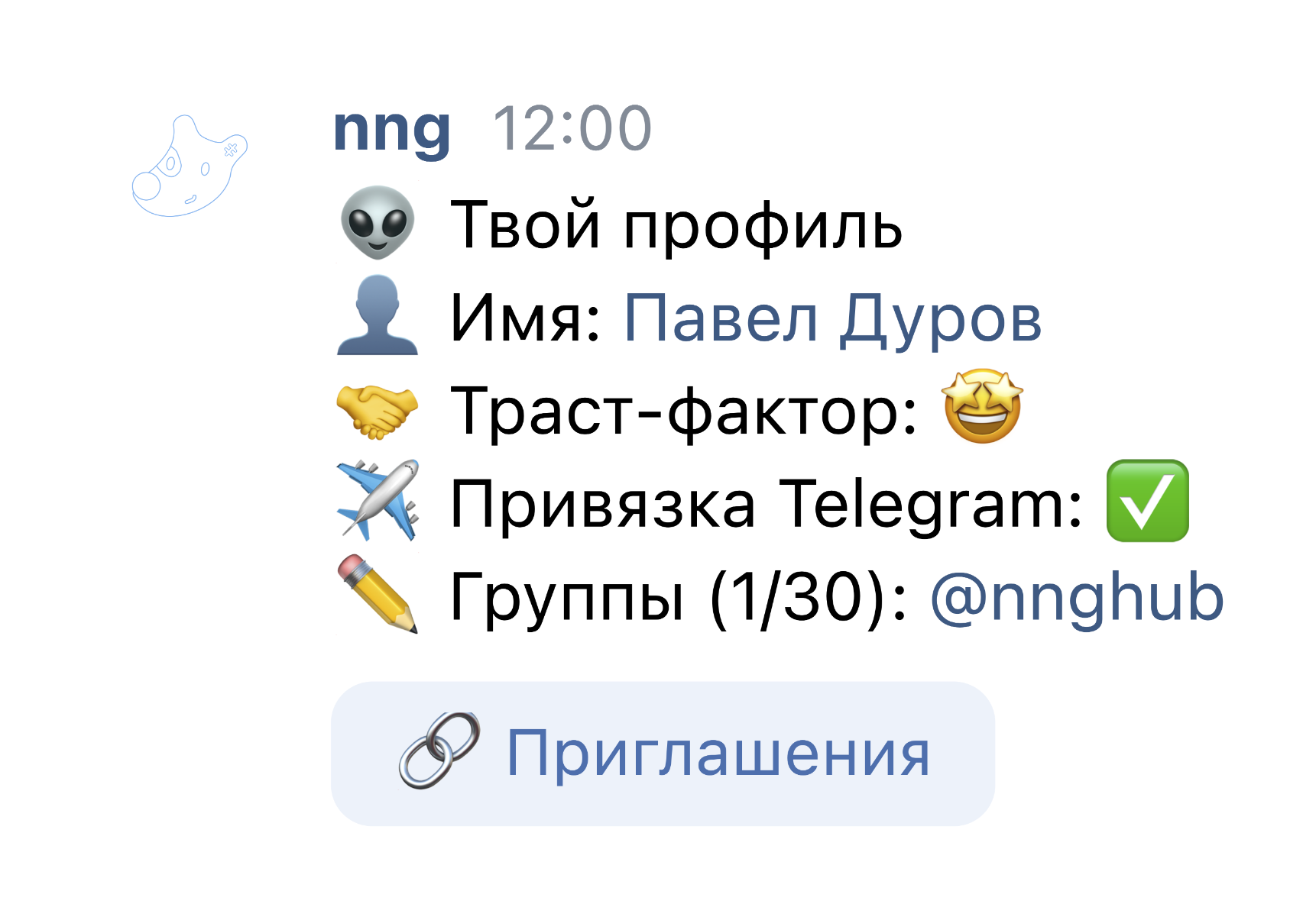 Скриншот профиля пользователя в nng боте