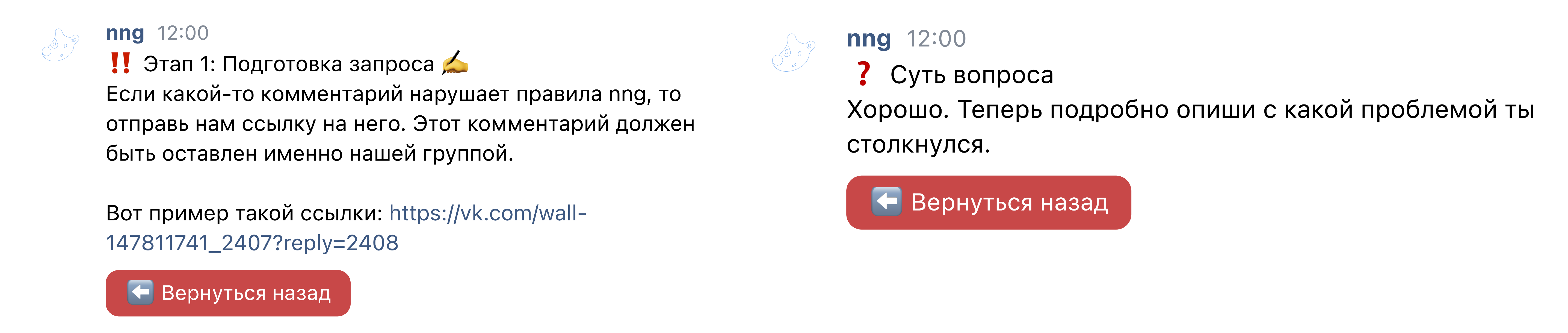 Скриншот первого этапа вопроса и заполнения жалобы в nng боте